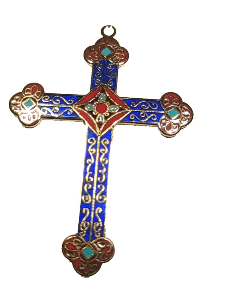 Hallmark 1997 Gold Tone Enamel Cross Pendant Blue Red Religious